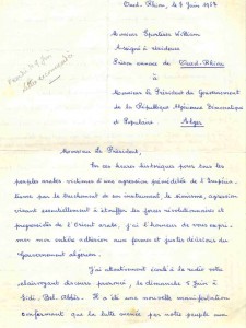 Brouillon manuscrit de la lettre de W. Sportisse à Boumediene, 7 juin 1967.