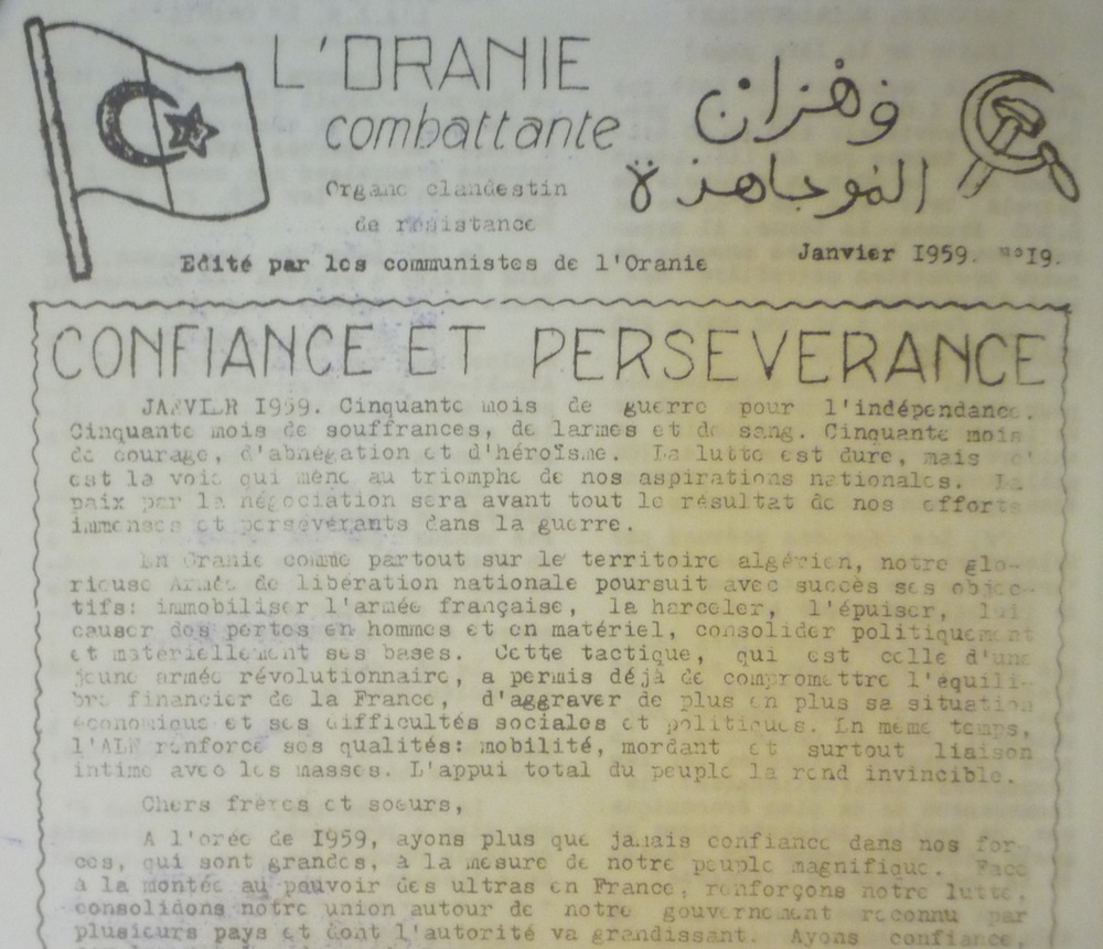 "L'Oranie combattante, organe clandestin de résistance édité par les communistes de l'Oranie", n° 19, janvier 1959.